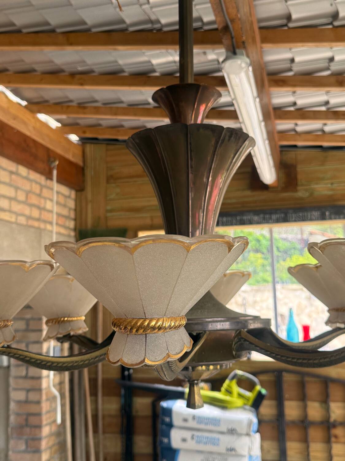 Art Deco Chandelier with Six Lights in Bronze and Frosted Glass, France, 1930s