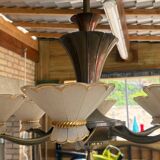 Art Deco Chandelier with Six Lights in Bronze and Frosted Glass, France, 1930s