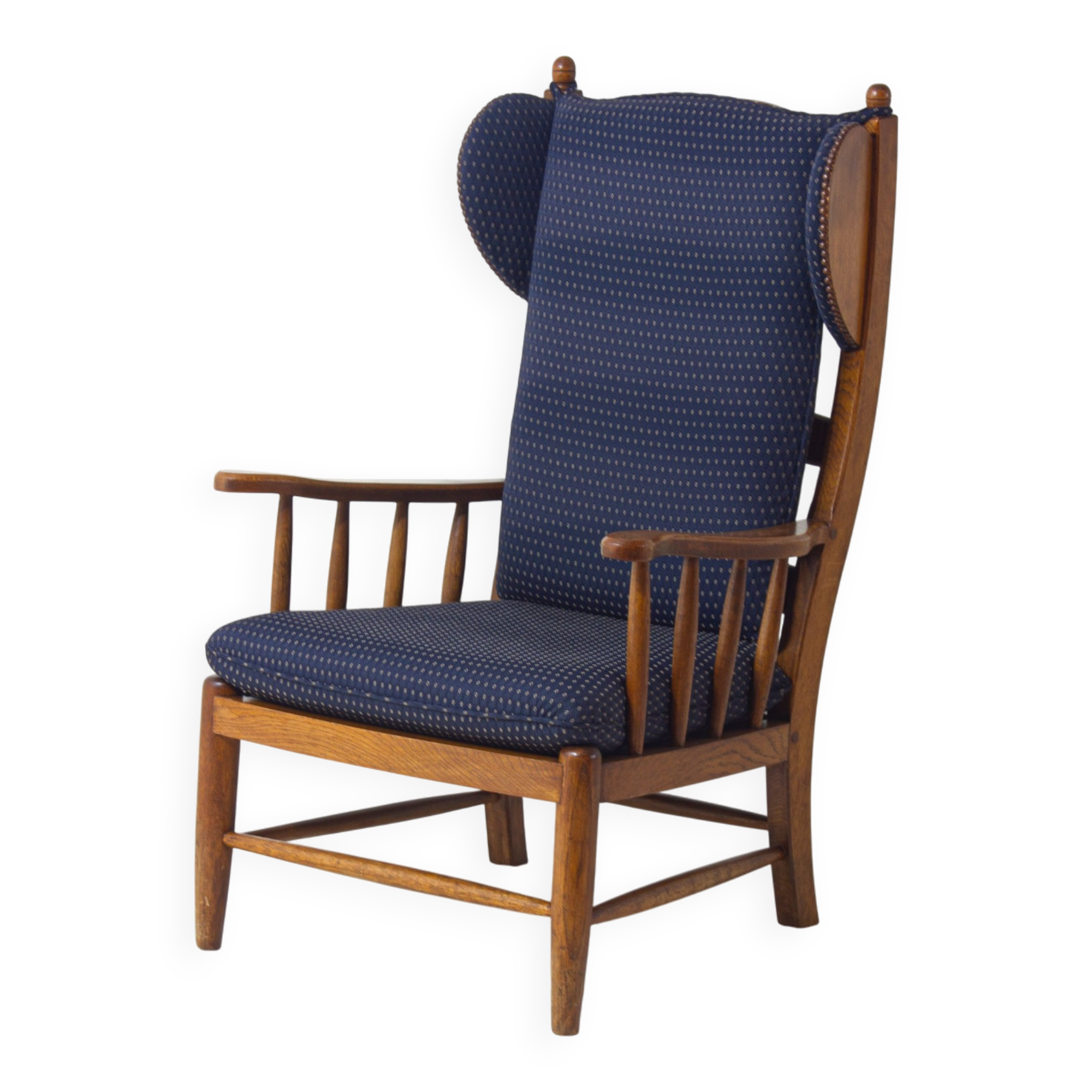 French lounge chair in oak and blue fabric, 1960s