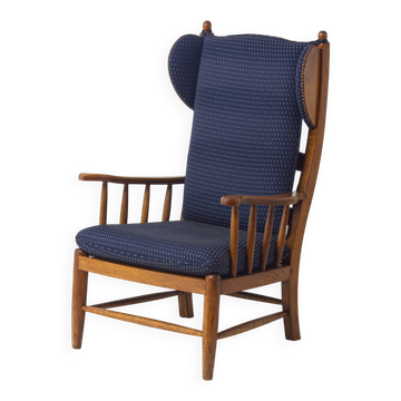 French lounge chair in oak and blue fabric, 1960s