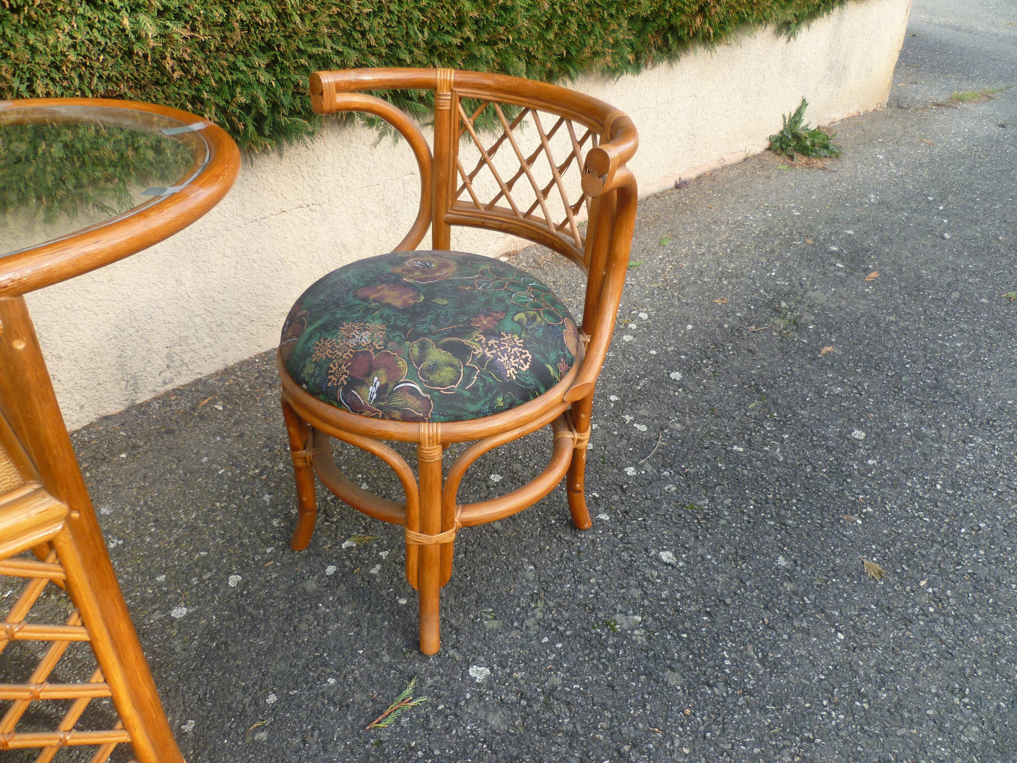 Rattan set table + 2 vintage armchairs 1980