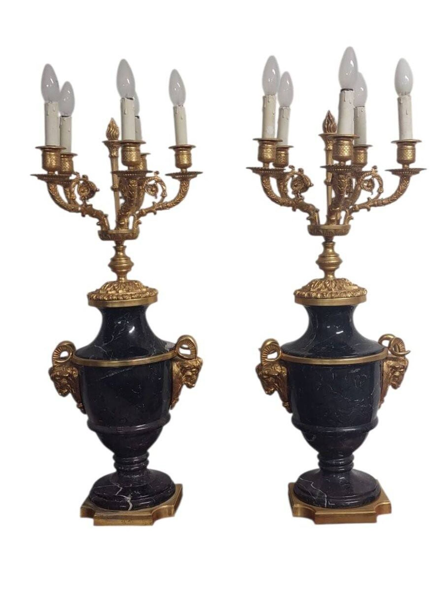 Antique Lumi pair of large marble and mercury-gilt bronze candelabras