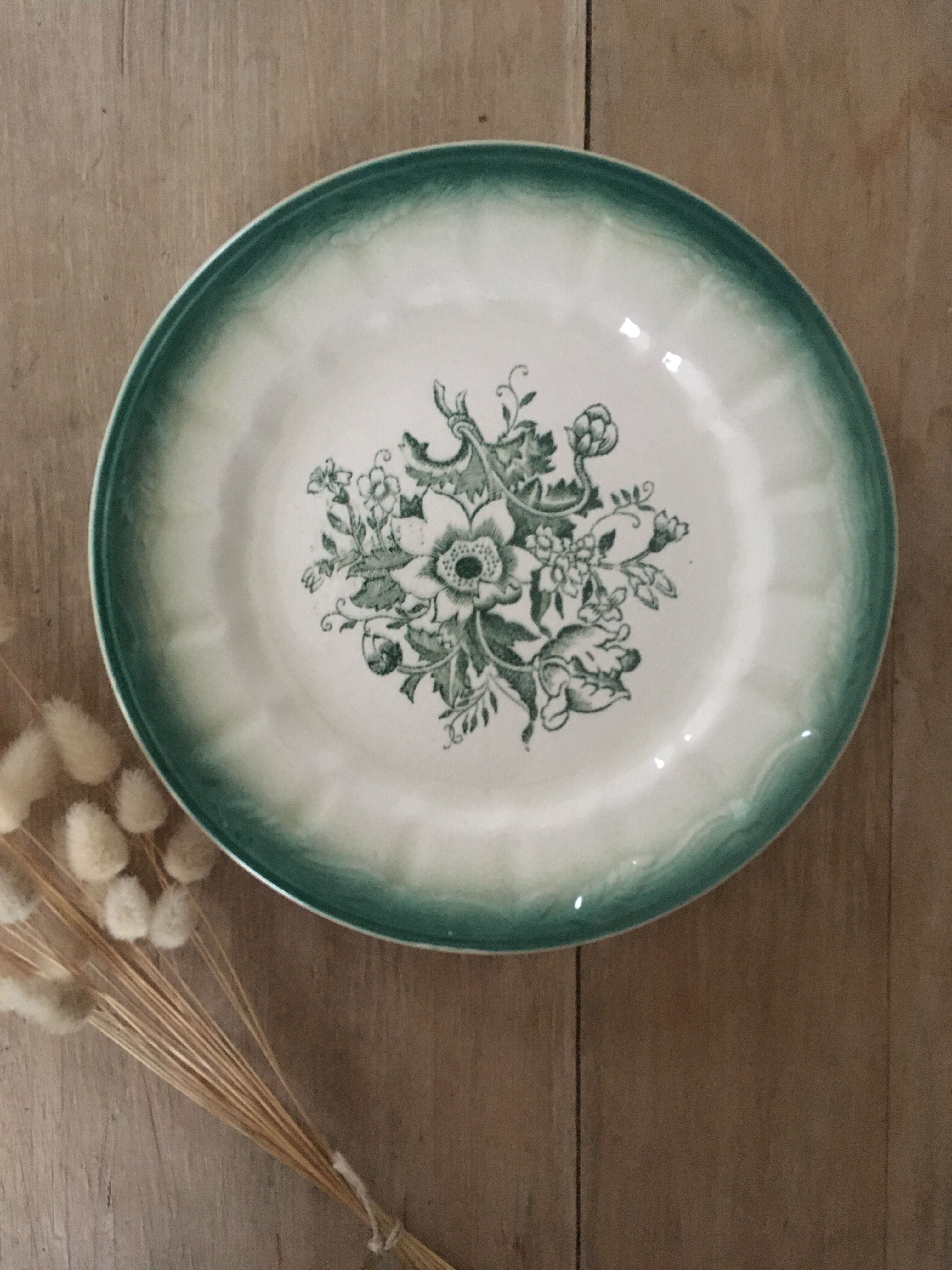 Pair of green floral plates
