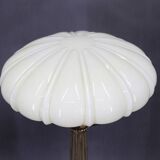 1940s restored brass table lamp with wooden base and glass shade