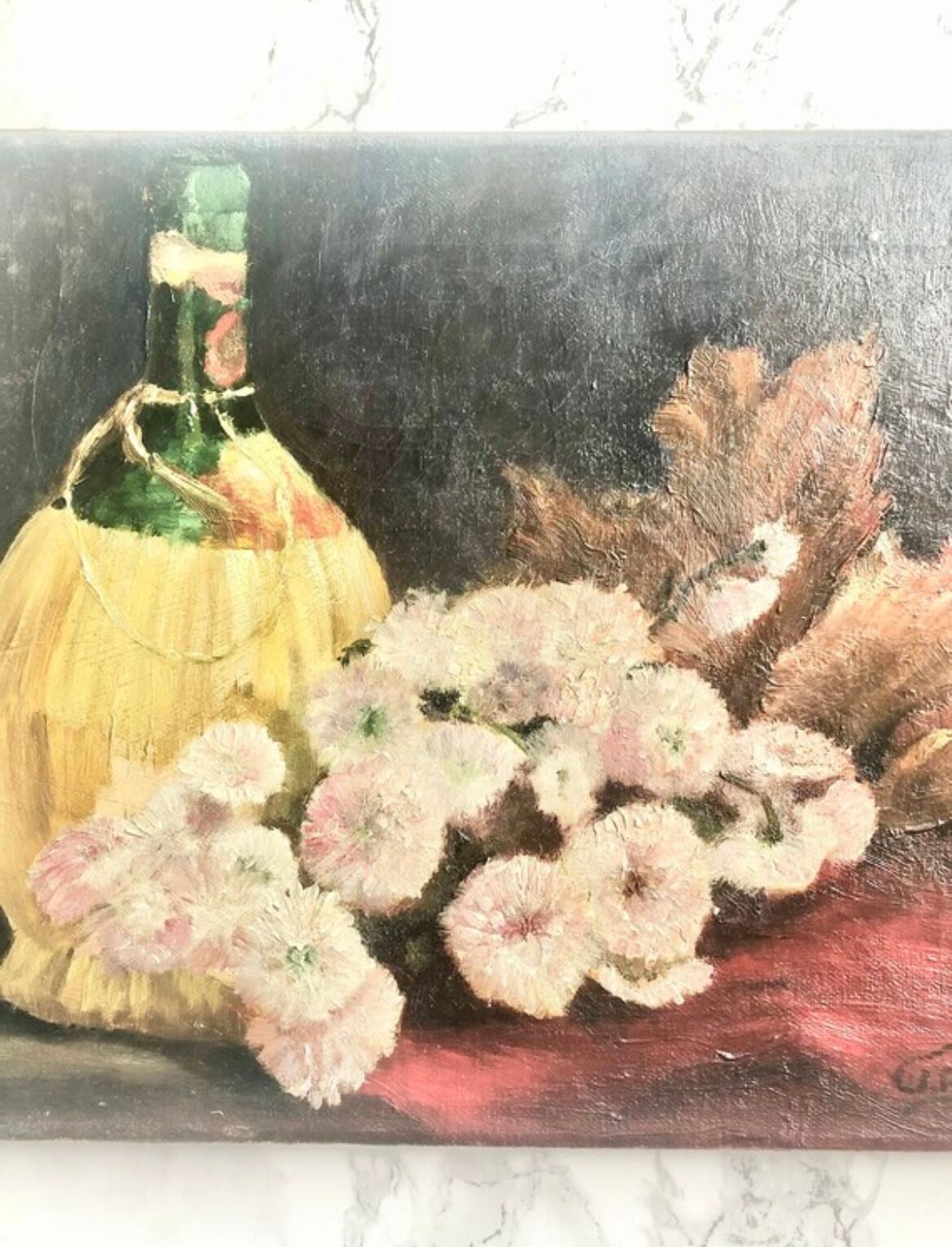 Oil on canvas depicting a still life of flowers