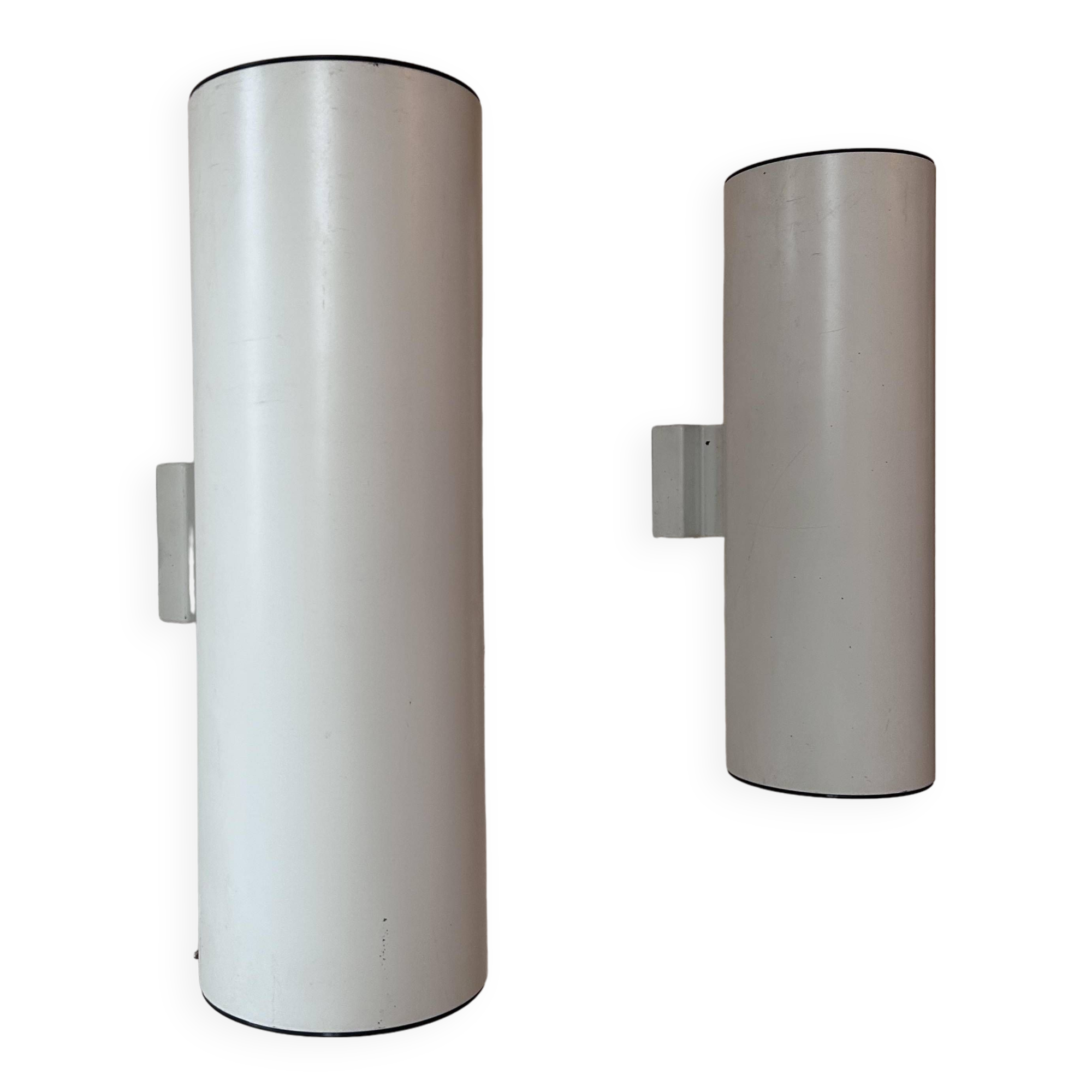 Pair of vintage cylindrical wall lights, matt white metal, Germany Erco 1976