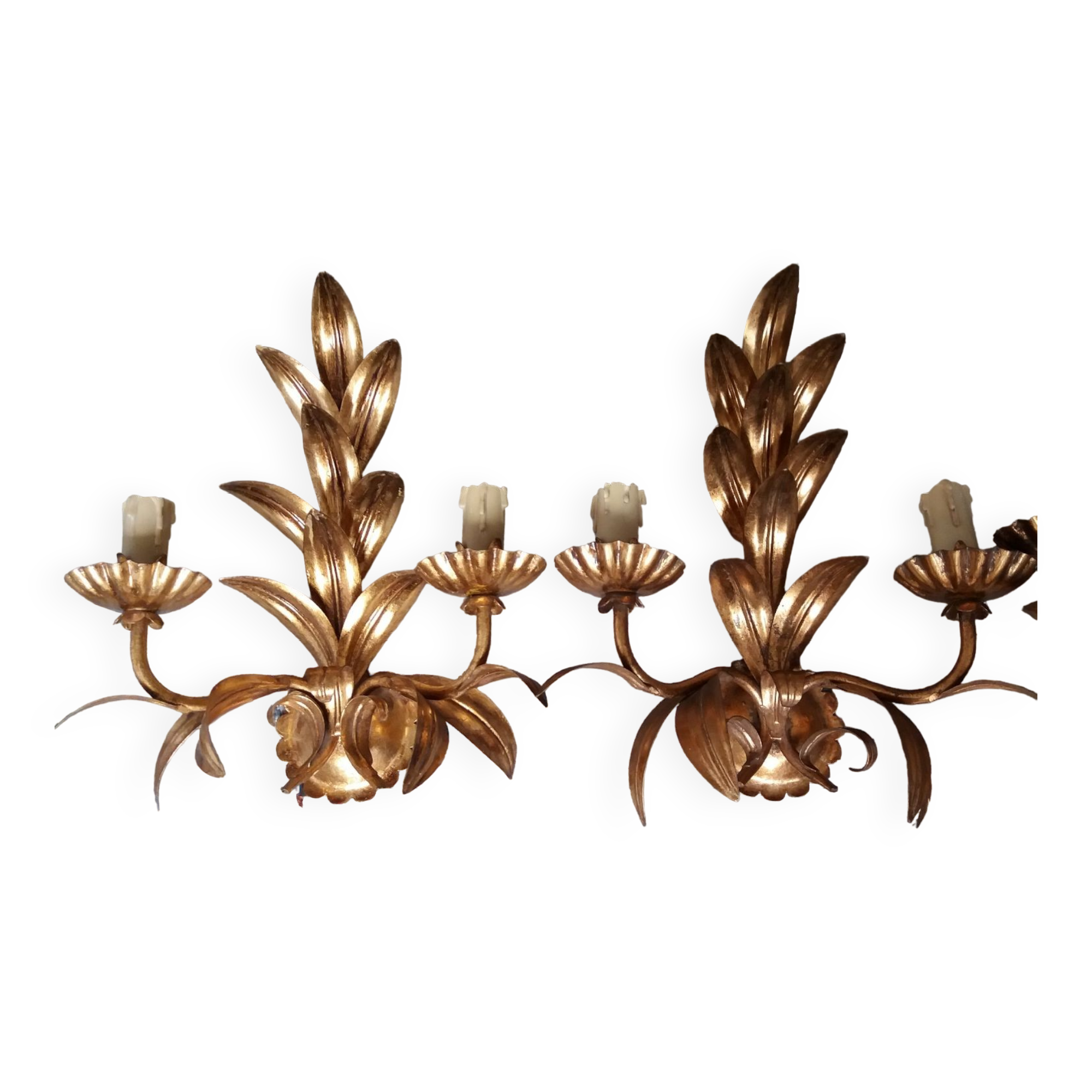 Pair of vintage golden sheet metal wall lights with leaf decoration