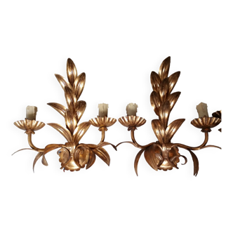 Pair of vintage golden sheet metal wall lights with leaf decoration