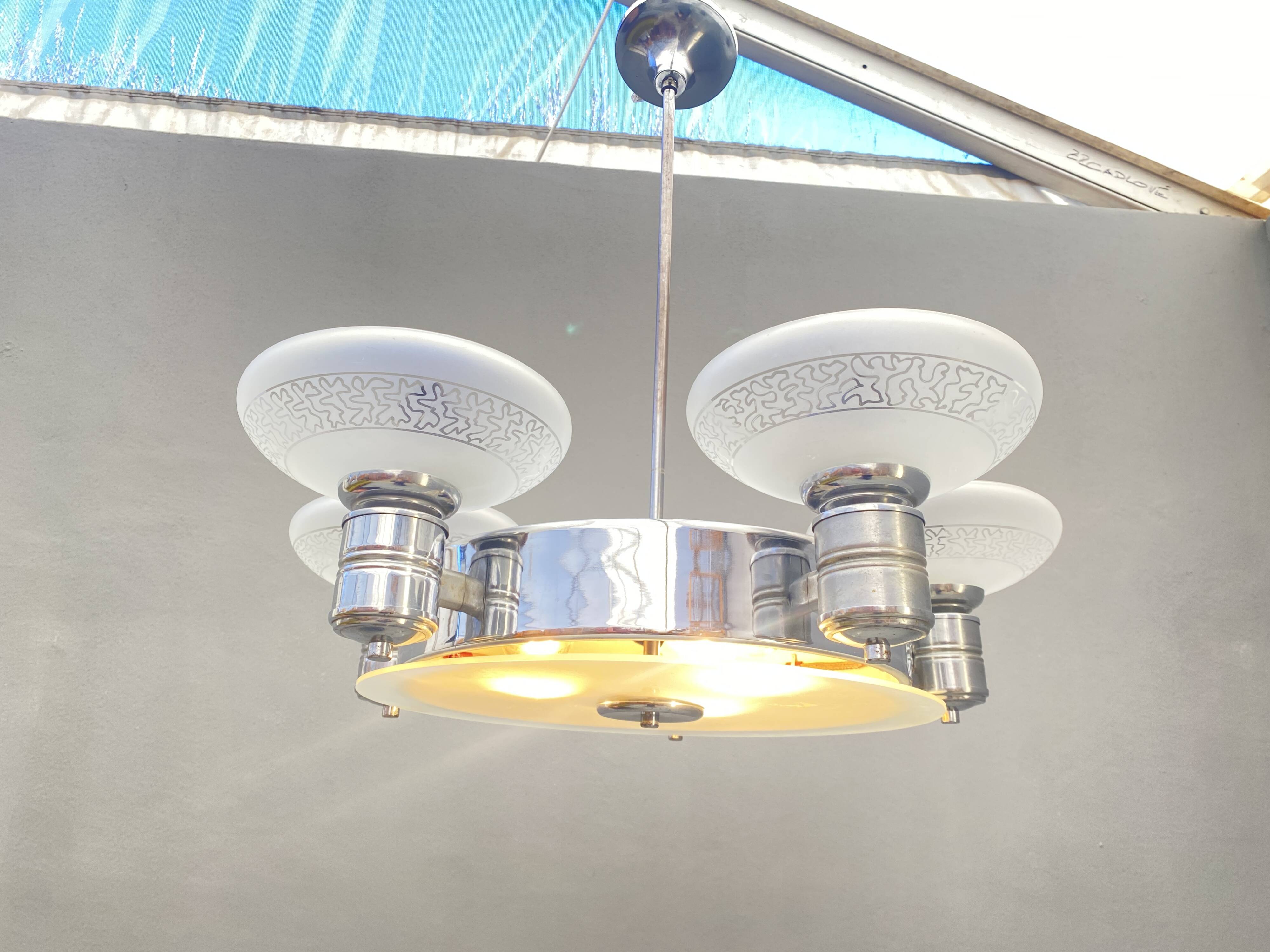 Art Deco Chrome Chandelier with Glass Bowl Shades