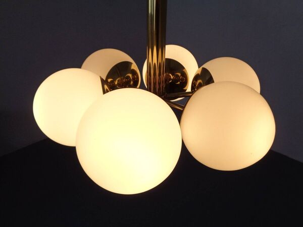 Sputnik Brass and Glass Ceiling Chandelier from Kaiser Idell / Kaiser Leuchten, Germany, 1960s