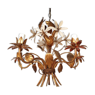 Gold metal chandelier bouquet of white flowers