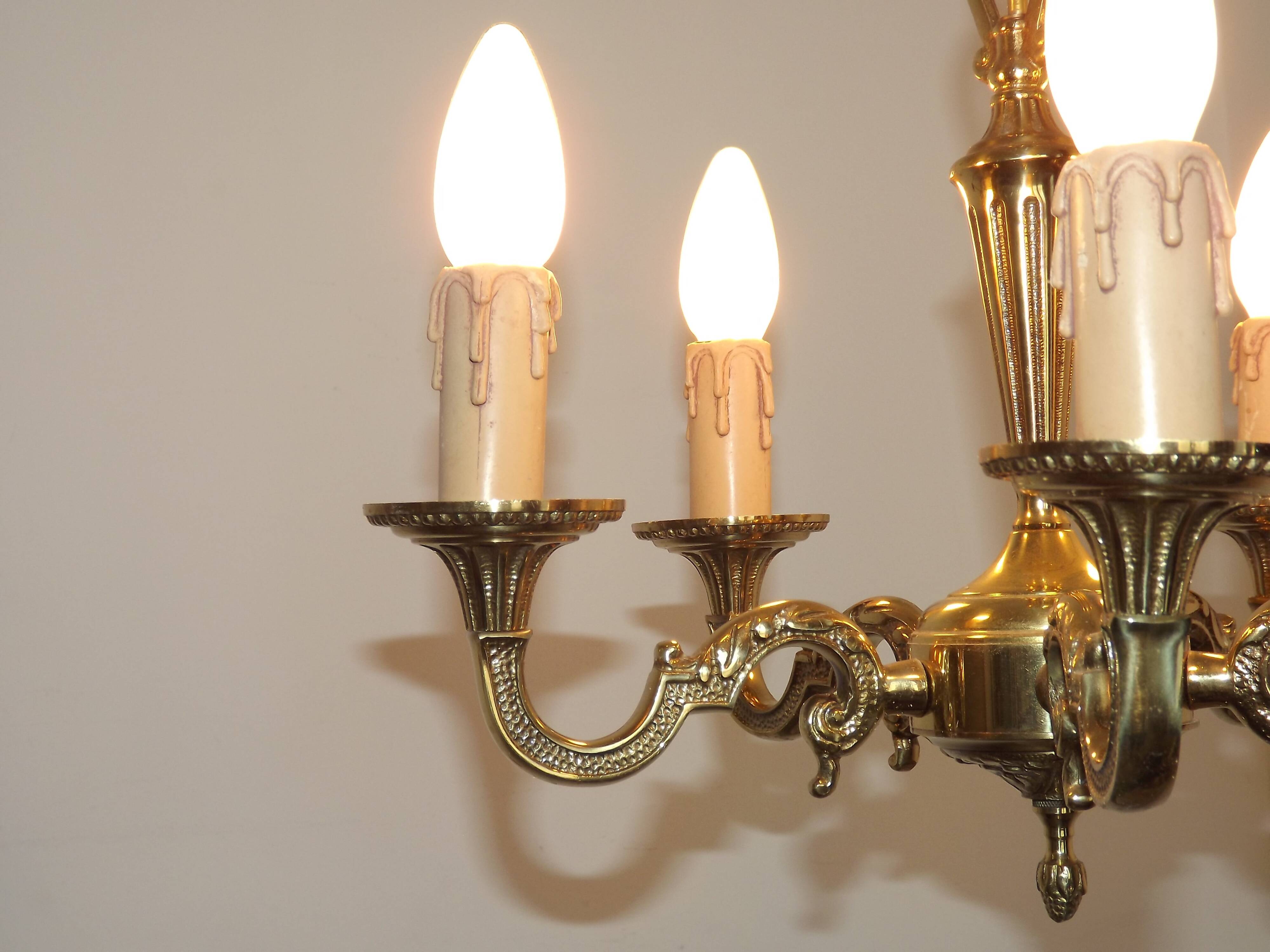 French Vintage 5 Light Quality Brass Chandelier with Scroll Acanthus Arms 5452