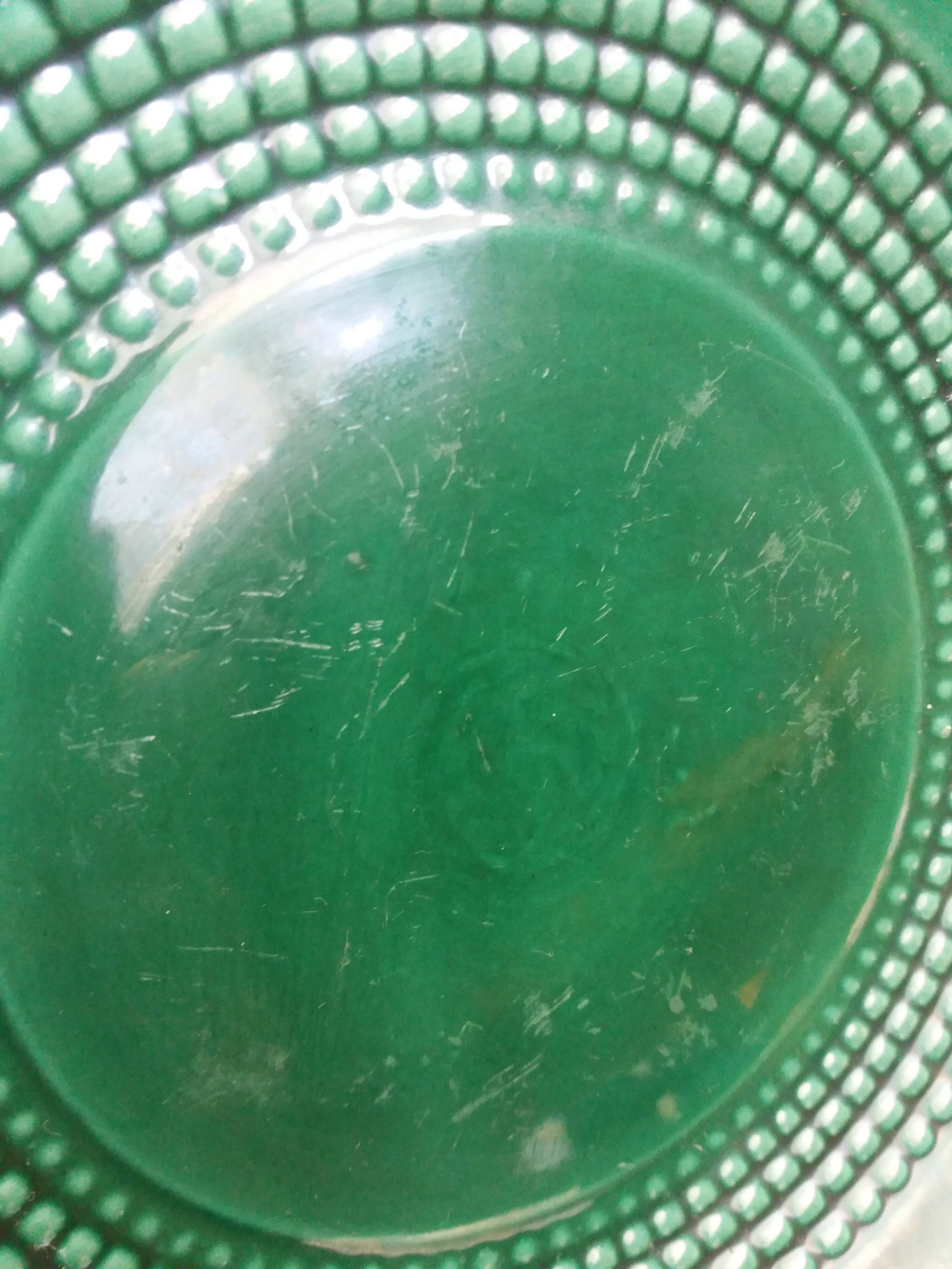 Dessert or cheese set, dish and 4 plates, Saint Clément green and gold
