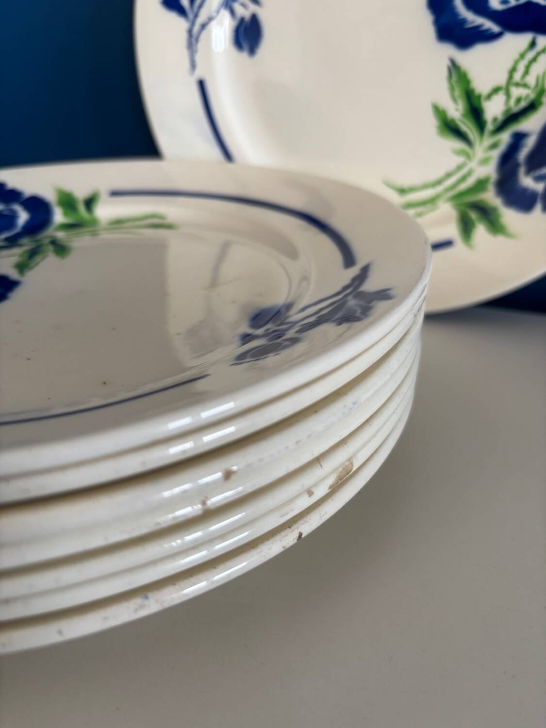 Set of 8 Badonviller France Earthenware Flat Plates, Boran Vintage Model