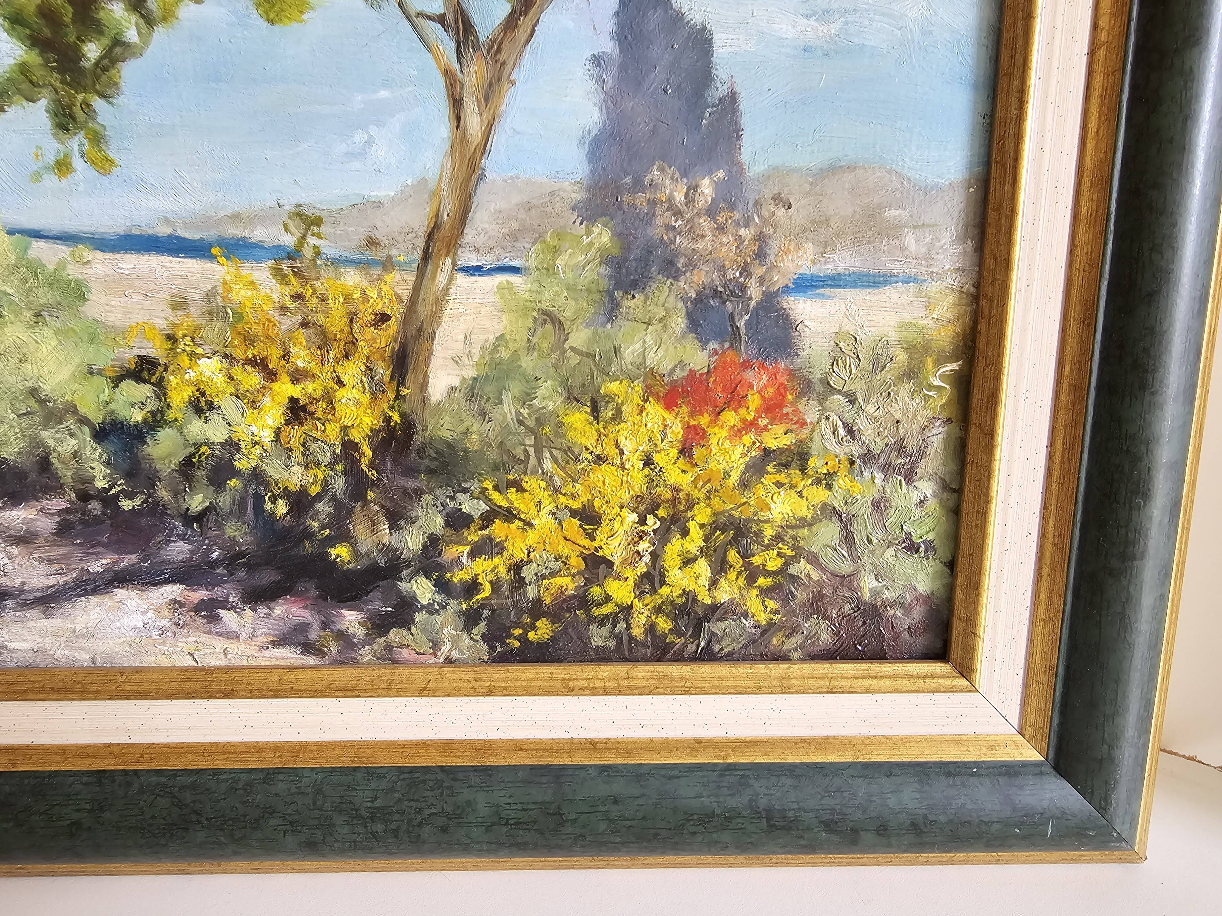 Oil painting on Isorel - Mediterranean landscape with Mimosa, signed Greuillet.