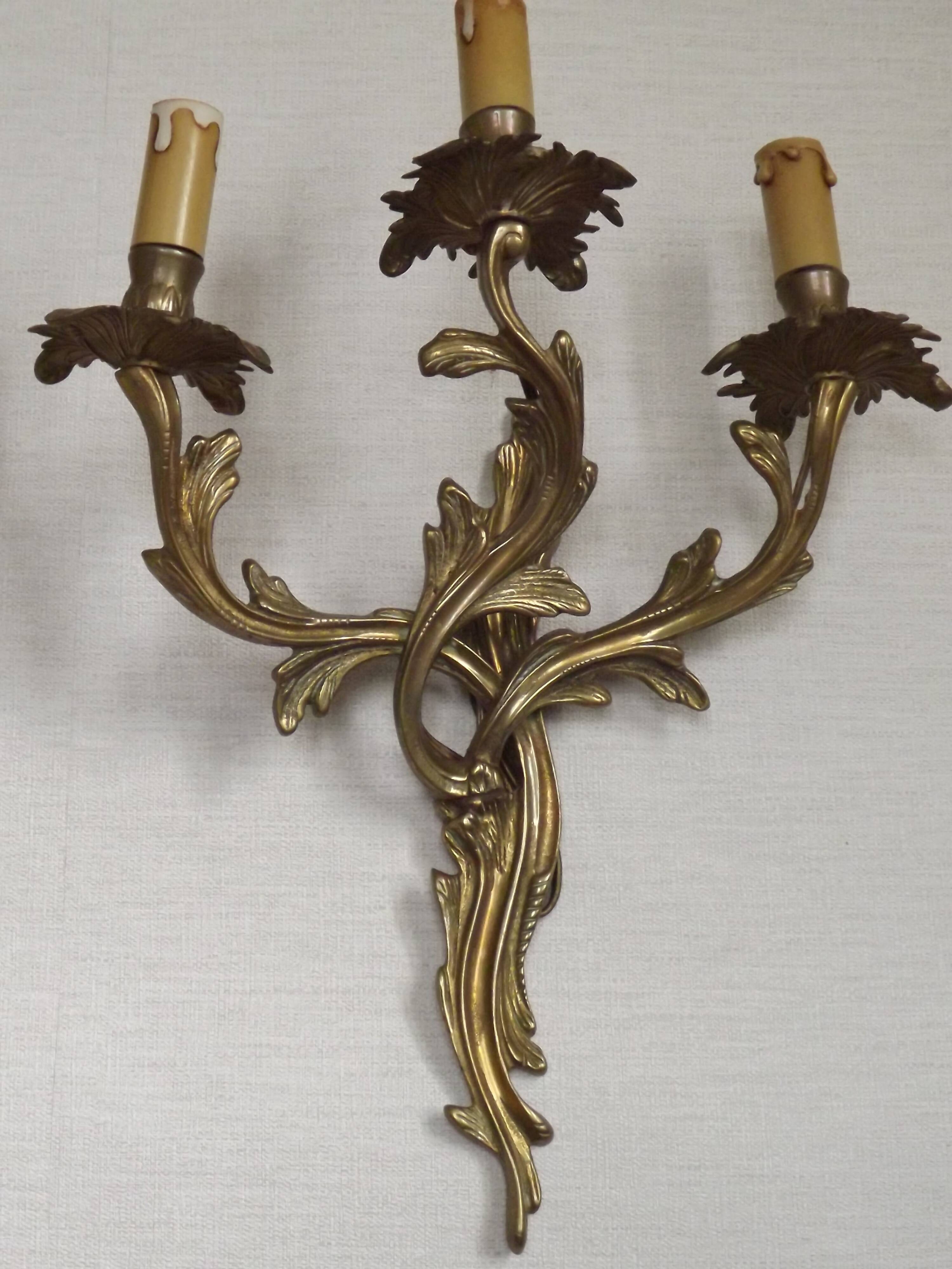 Magnificent Pair of French Antique Bronze Three-Light Acanthus Wall Sconces
