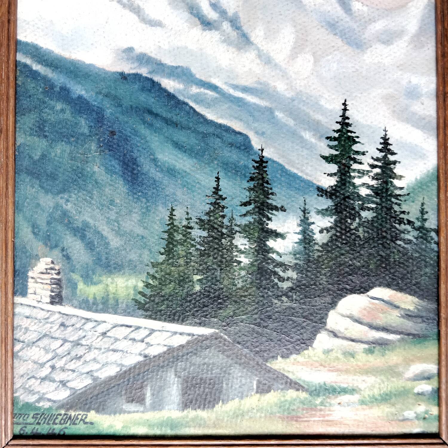 Mountain Landscape Painting from 1946 signed Frame