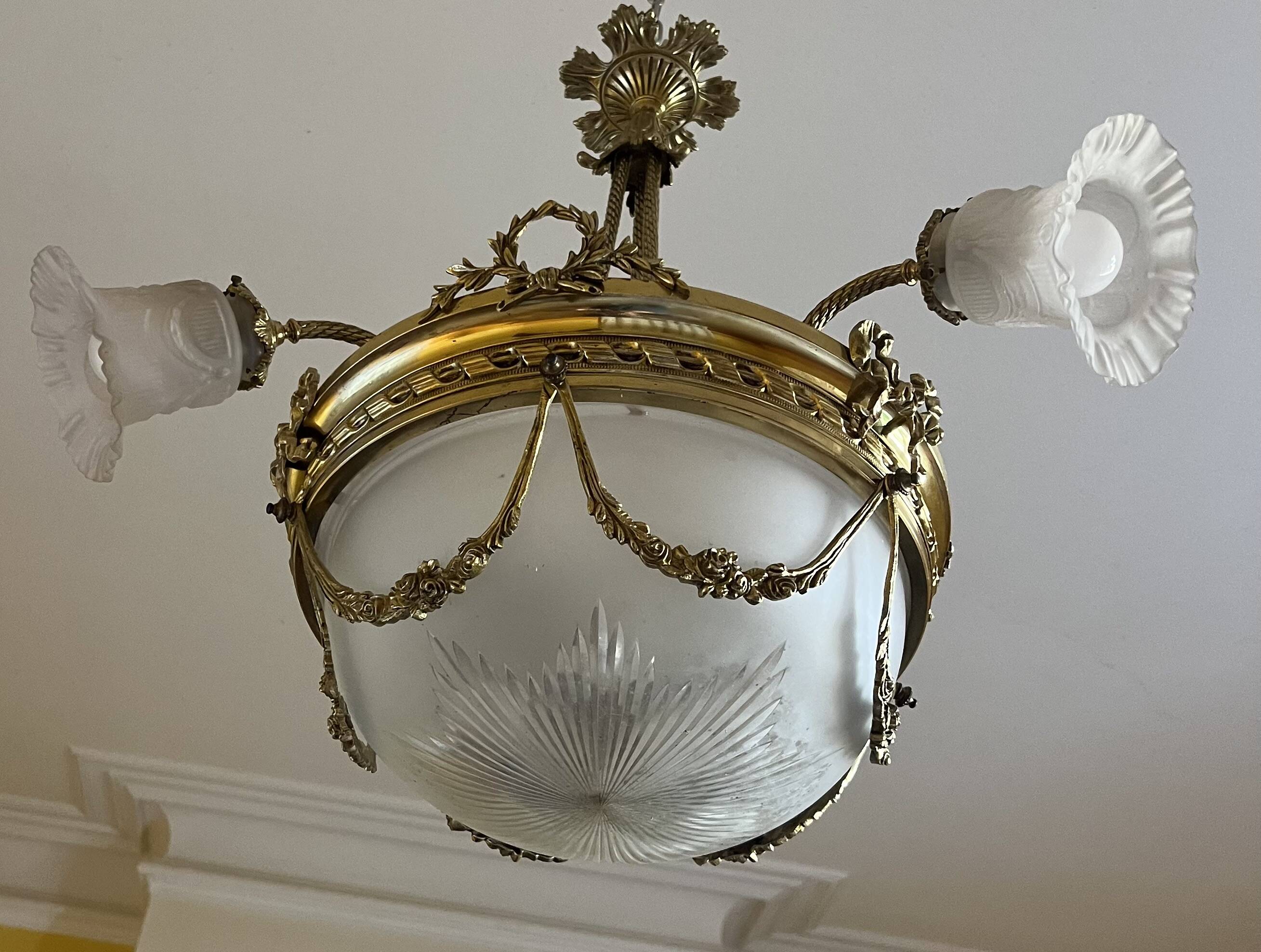 Superbe lustre Bronze Art Déco mélange de style, vers 1930/50, 3 branches 4