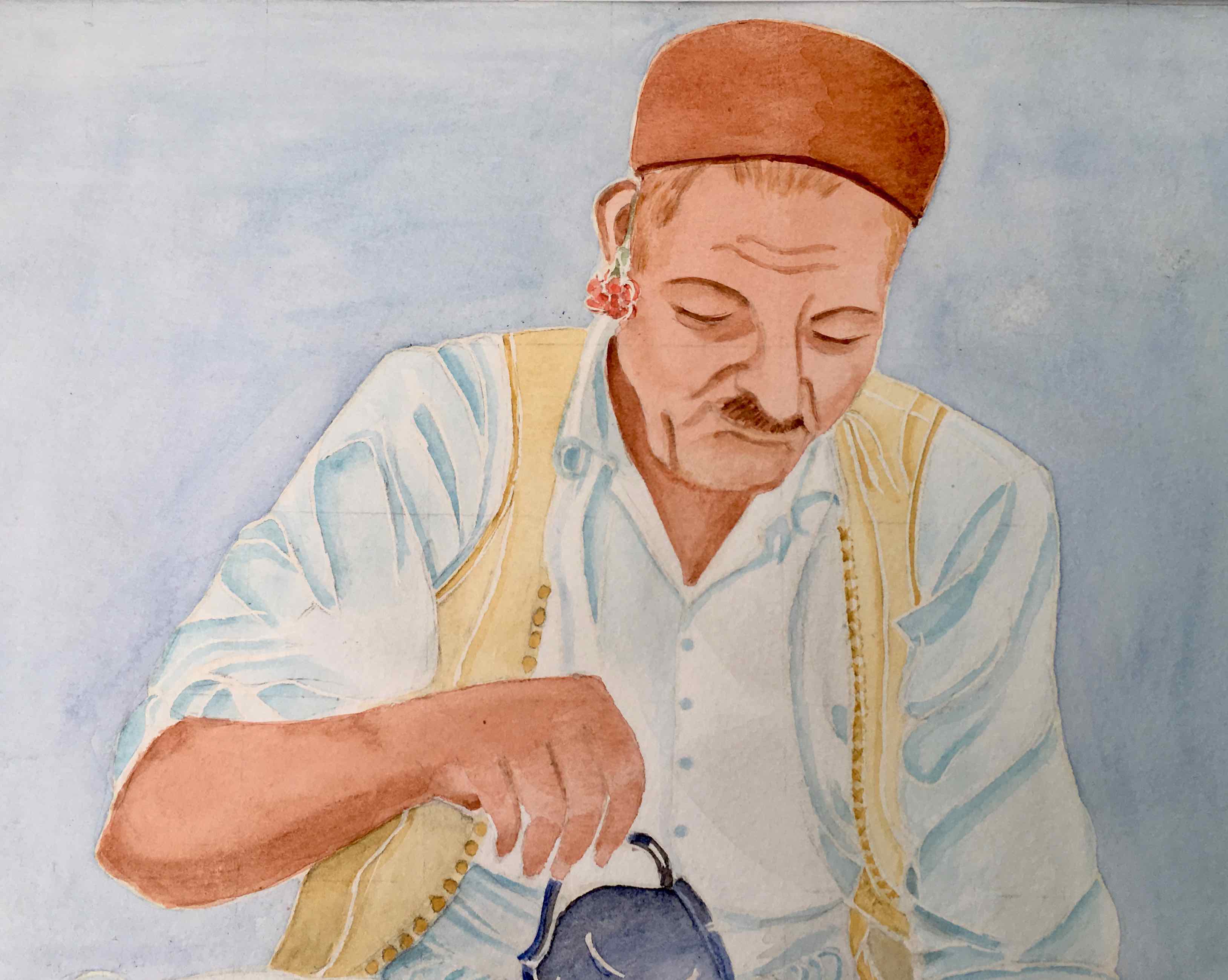 Watercolor portrait Tea time 1970