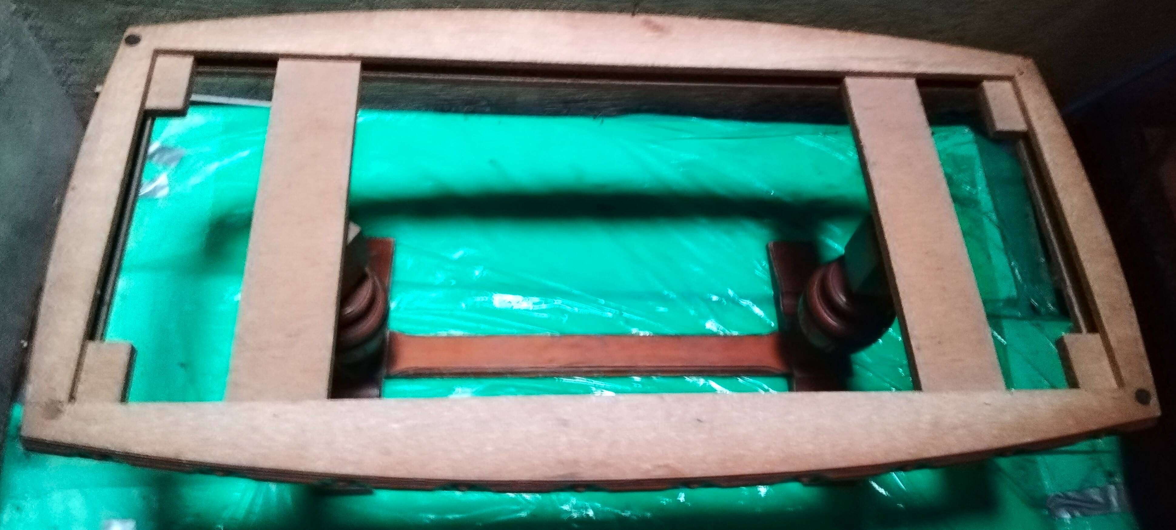 Large cream marble coffee table with solid cherry wood base