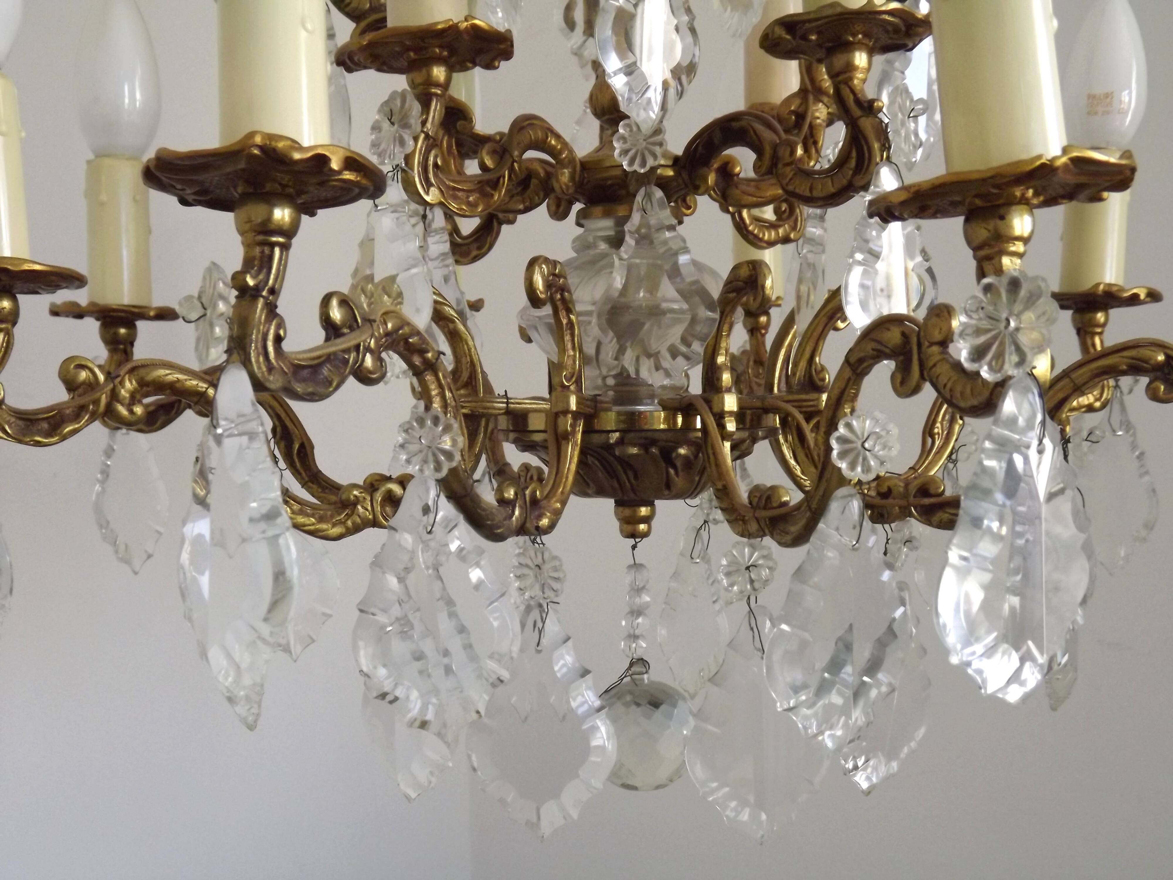 Lustre Cage 12 Lights Art Nouveau Bronze Glass and Crystal 5226