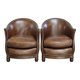 Set of 2 club chairs/armchairs in dark cognac leather