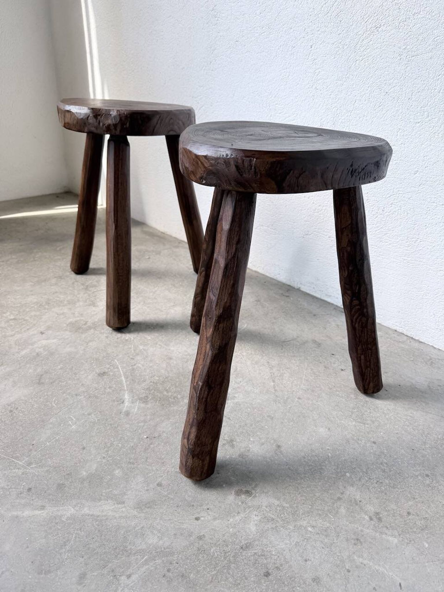 Pair of tripod stools in oak