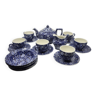 CALICO tea set signed Burleigh Staffordshire England with blue flowers (18 pieces)