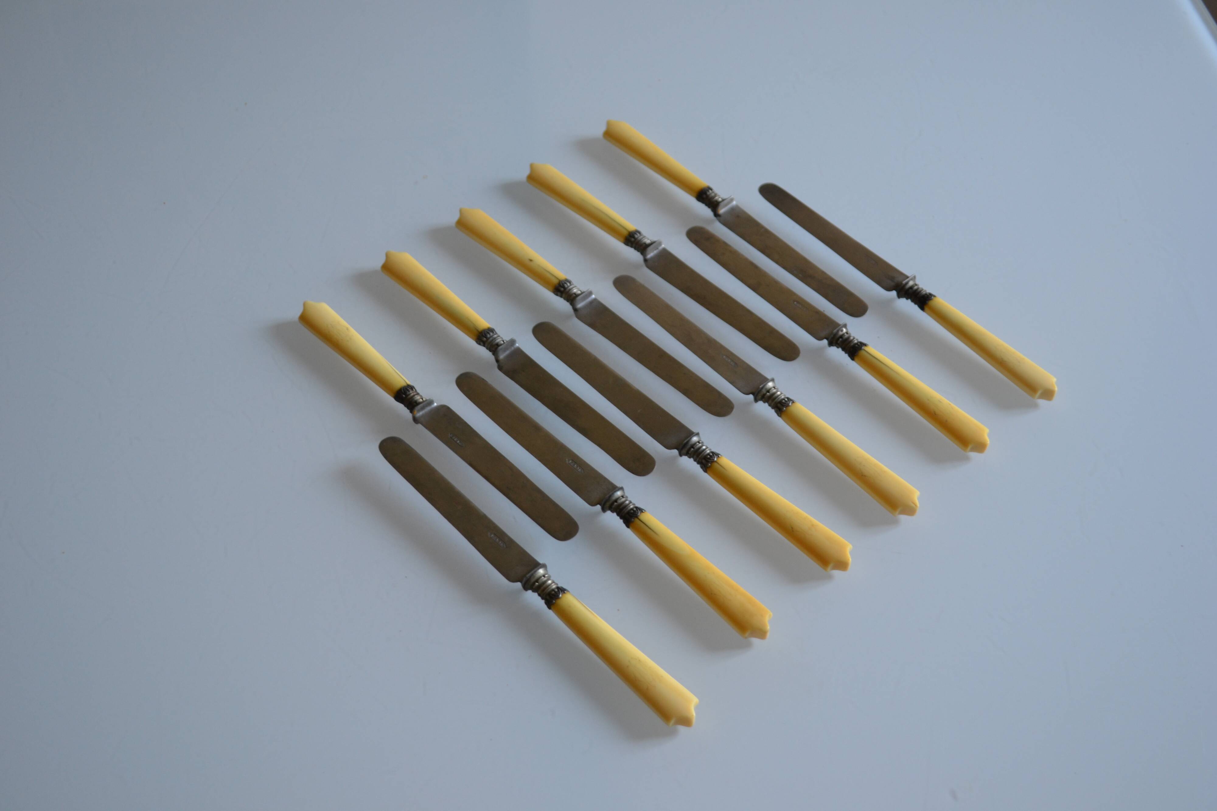 11 antique 19th-century table knives with ivory-colored monogram handles