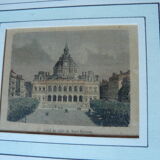 Colorized engraving The town hall of Saint Etienne pitchpin frame