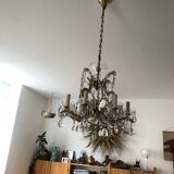 Old chandelier, pendant light, Marie Thérèse light with 9 lights and glass pendants. 1980s