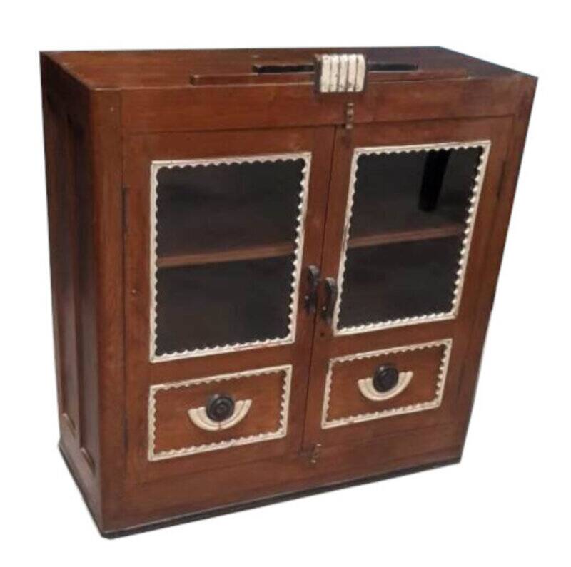 Art deco brown glass sideboard 2 drawers original piece old teak wood