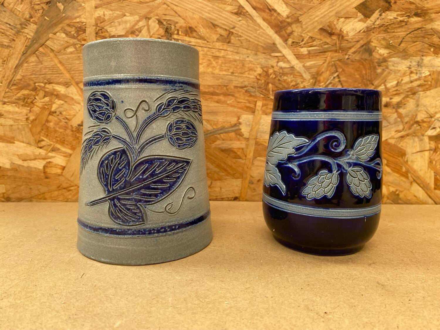 Pair of beer steins betschdorf schmitter alsace stoneware grey blue decor vintage