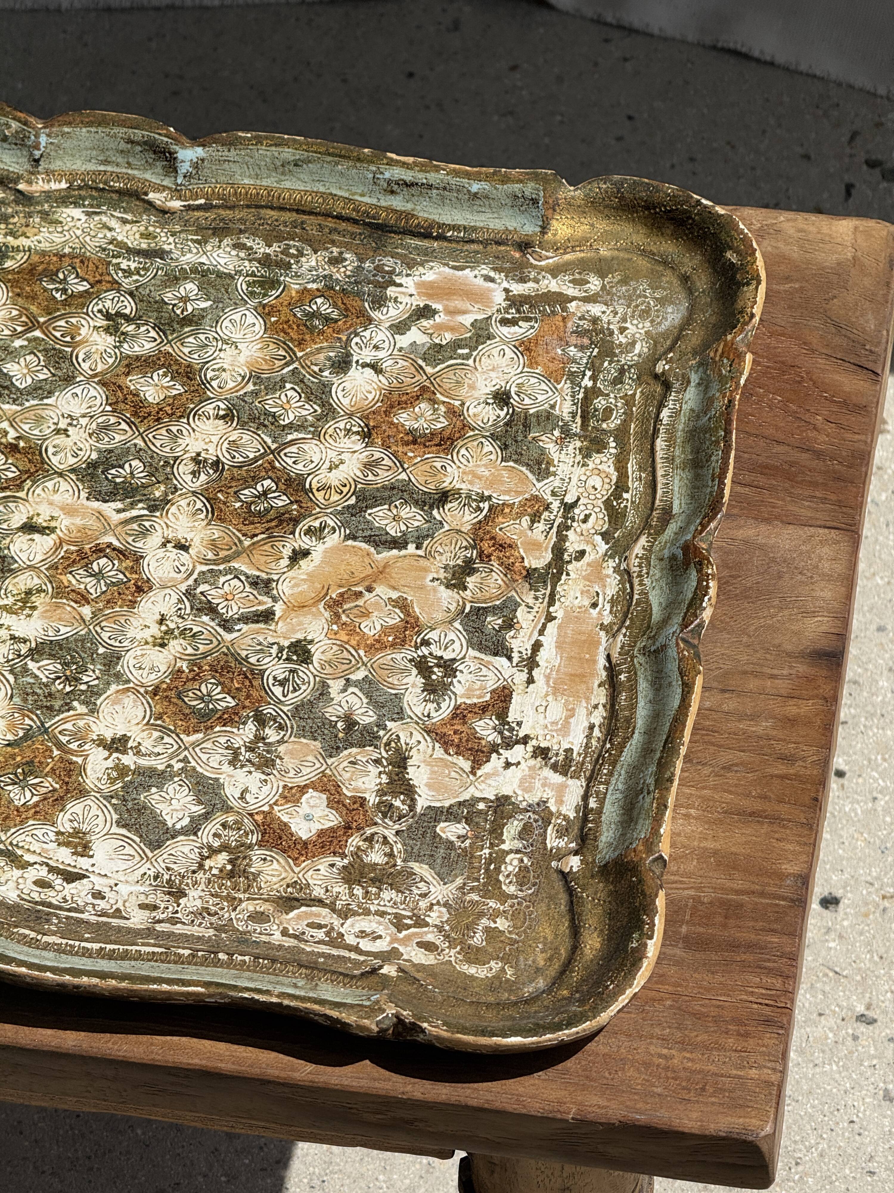 Large wooden tray hand-painted with blue and gold floral ornaments L48x38