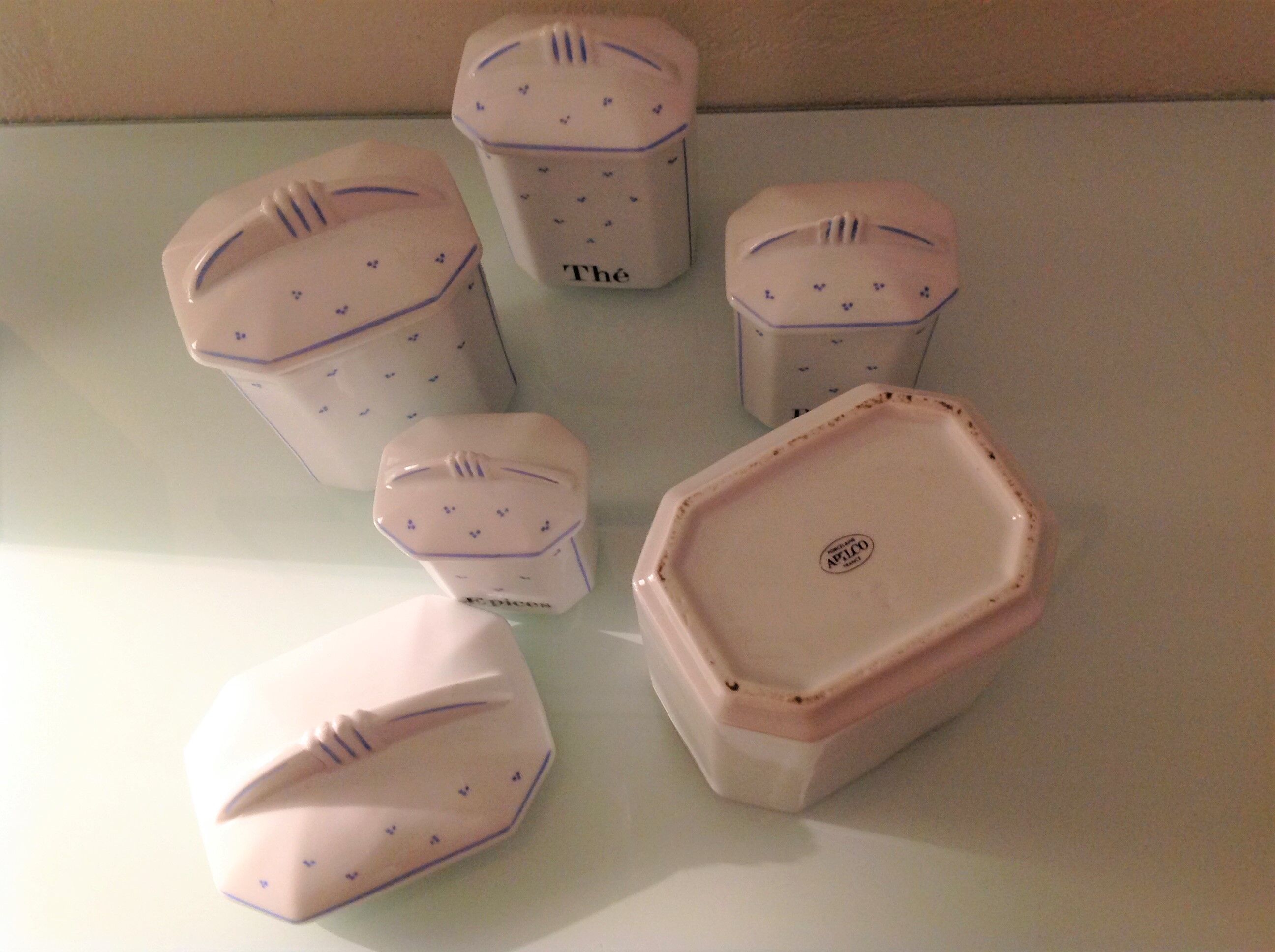 Suite of five Apilco porcelain spice jars / vintage 70s