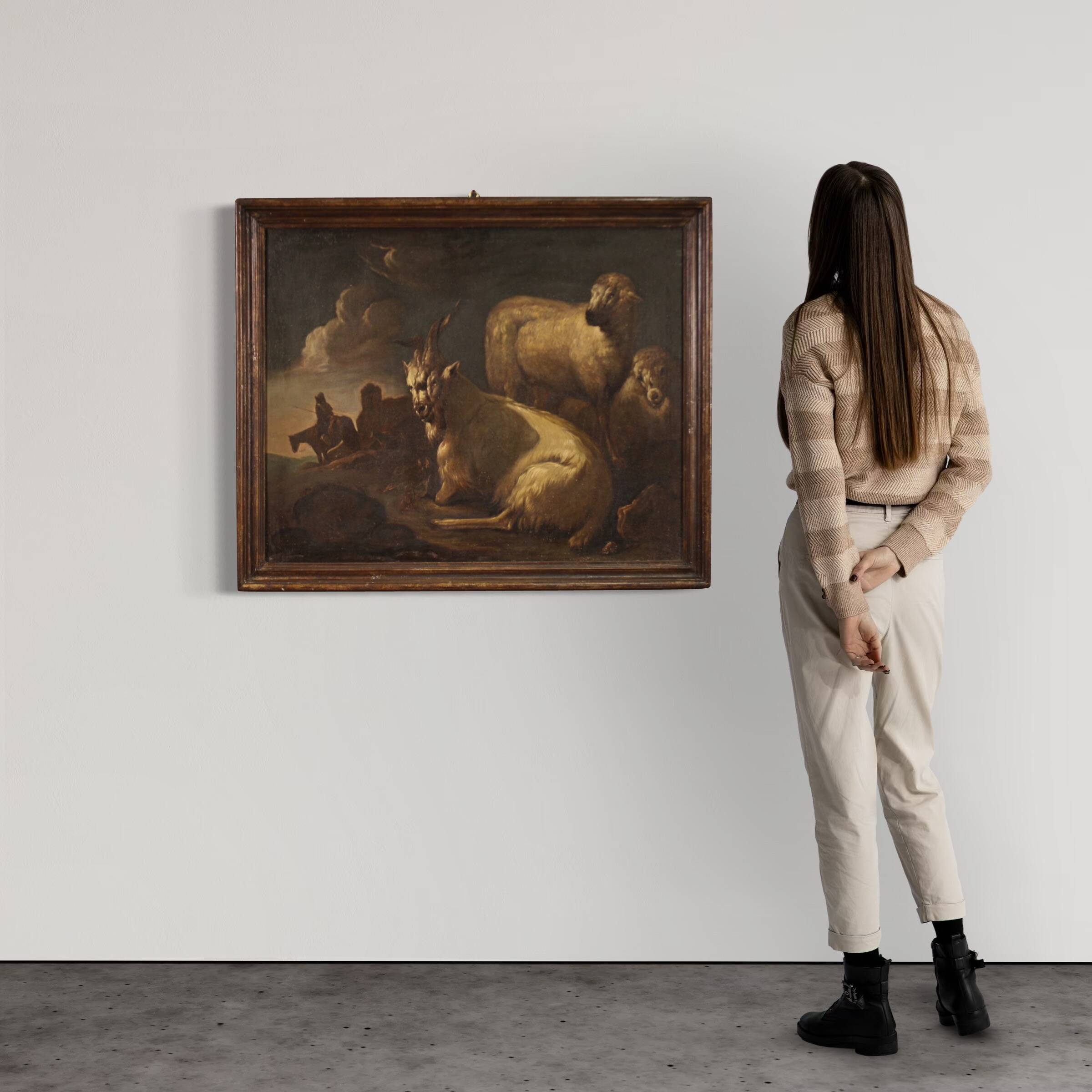 Beautiful 17th century painting, bucolic landscape with goats