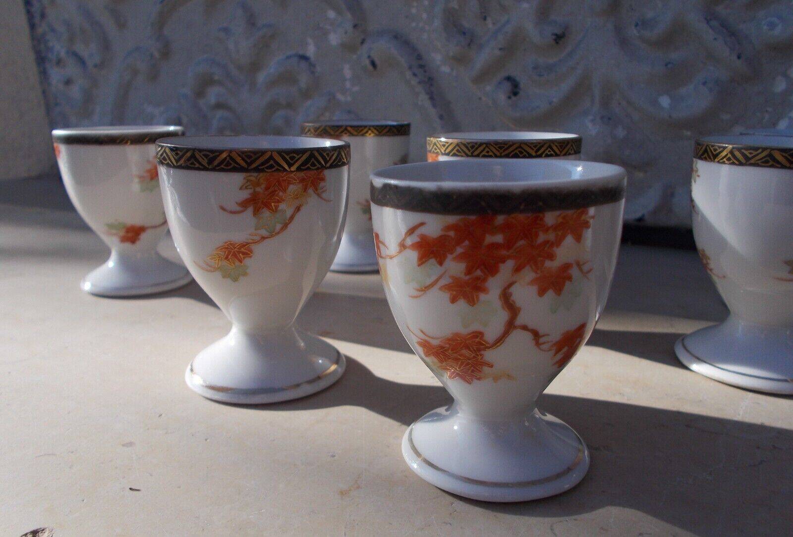 Vintage Japanese porcelain 8 egg cups with maple decor