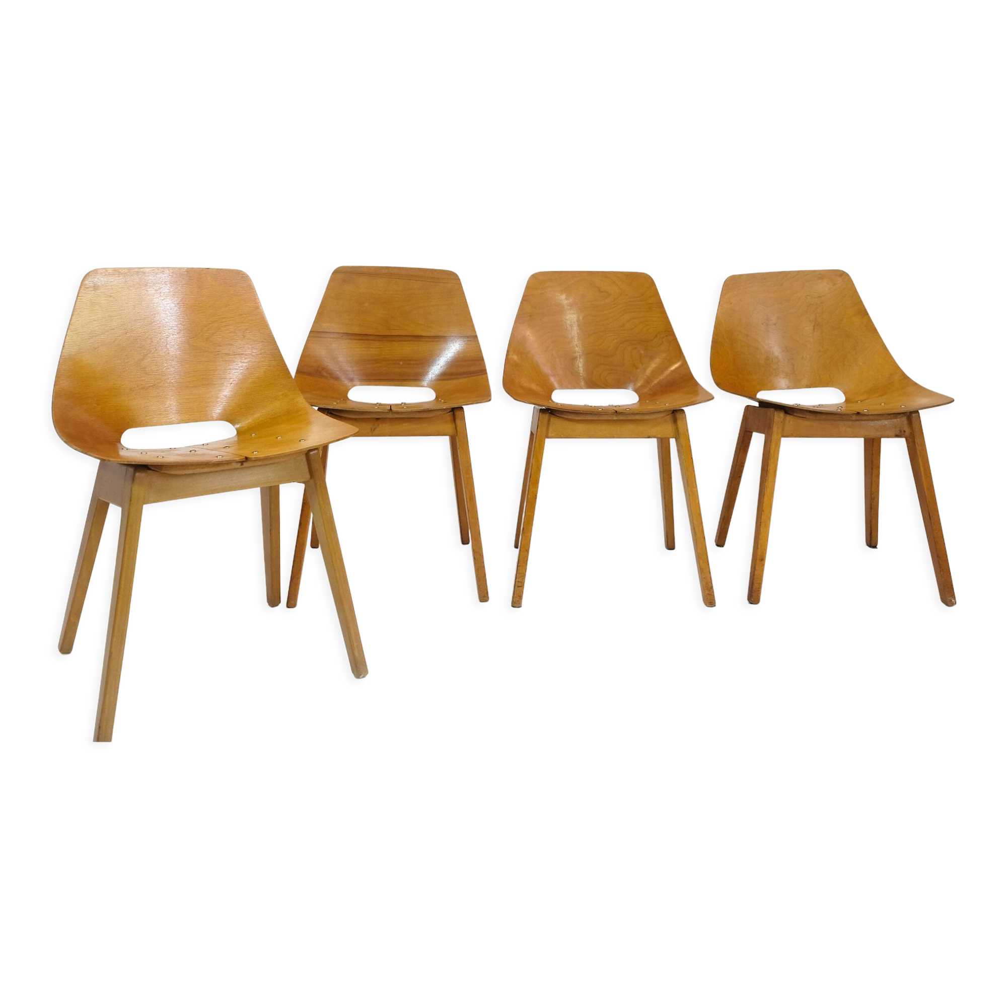 Set of 4 barrel chairs, wooden base, Pierre Guariche, Steiner, 1950s.