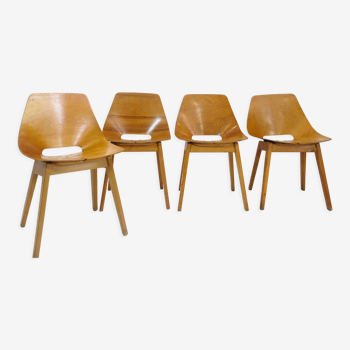 Set of 4 barrel chairs, wooden base, Pierre Guariche, Steiner, 1950s.