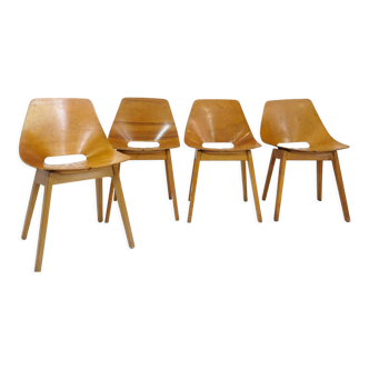 Set of 4 barrel chairs, wooden base, Pierre Guariche, Steiner, 1950s.