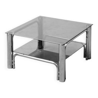 Table basse en métal, verre fumé, vintage moderne des années 70