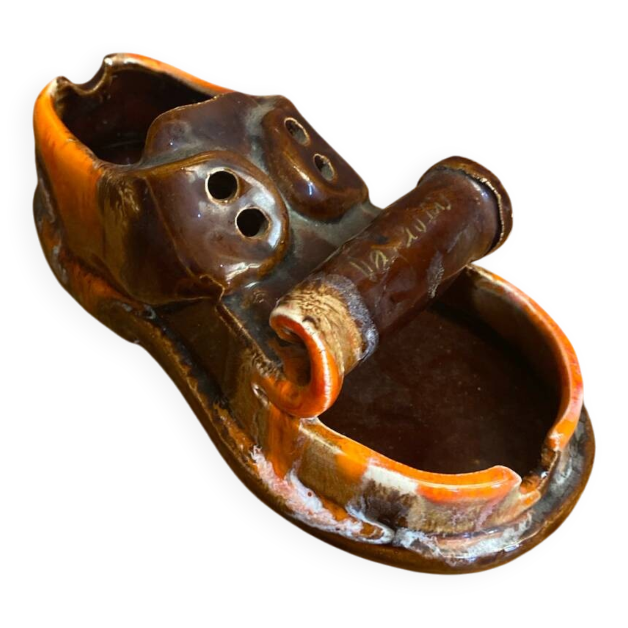 Cendrier ancien Vallauris céramique multicolore forme chaussure vintage