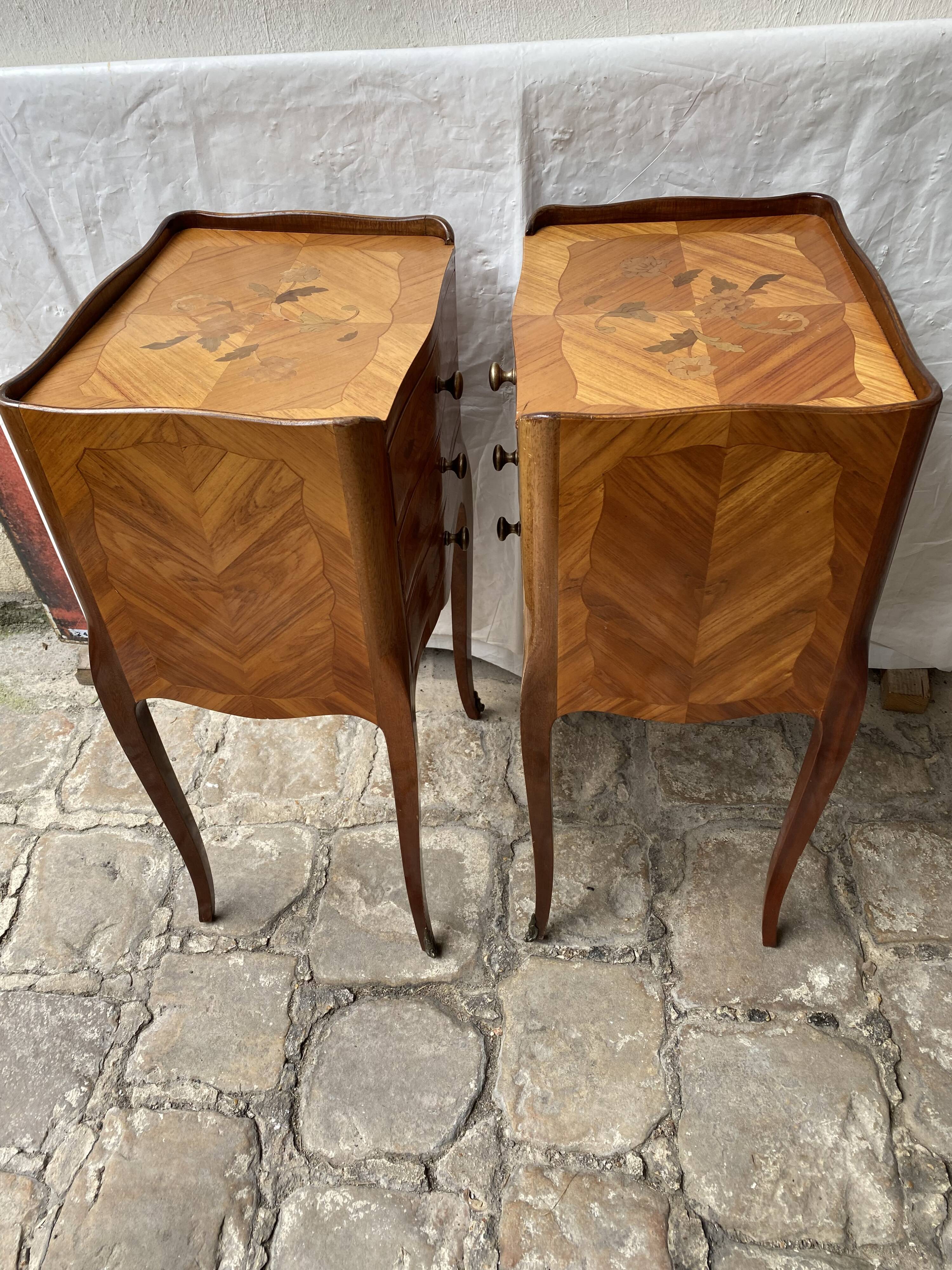 Pair of bedside tables/side tables in Louis XV style marquetry.