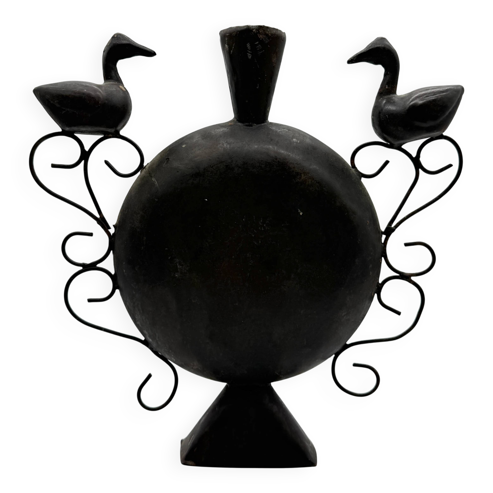 Vase with birds in forged metal, handcrafted, 1960s