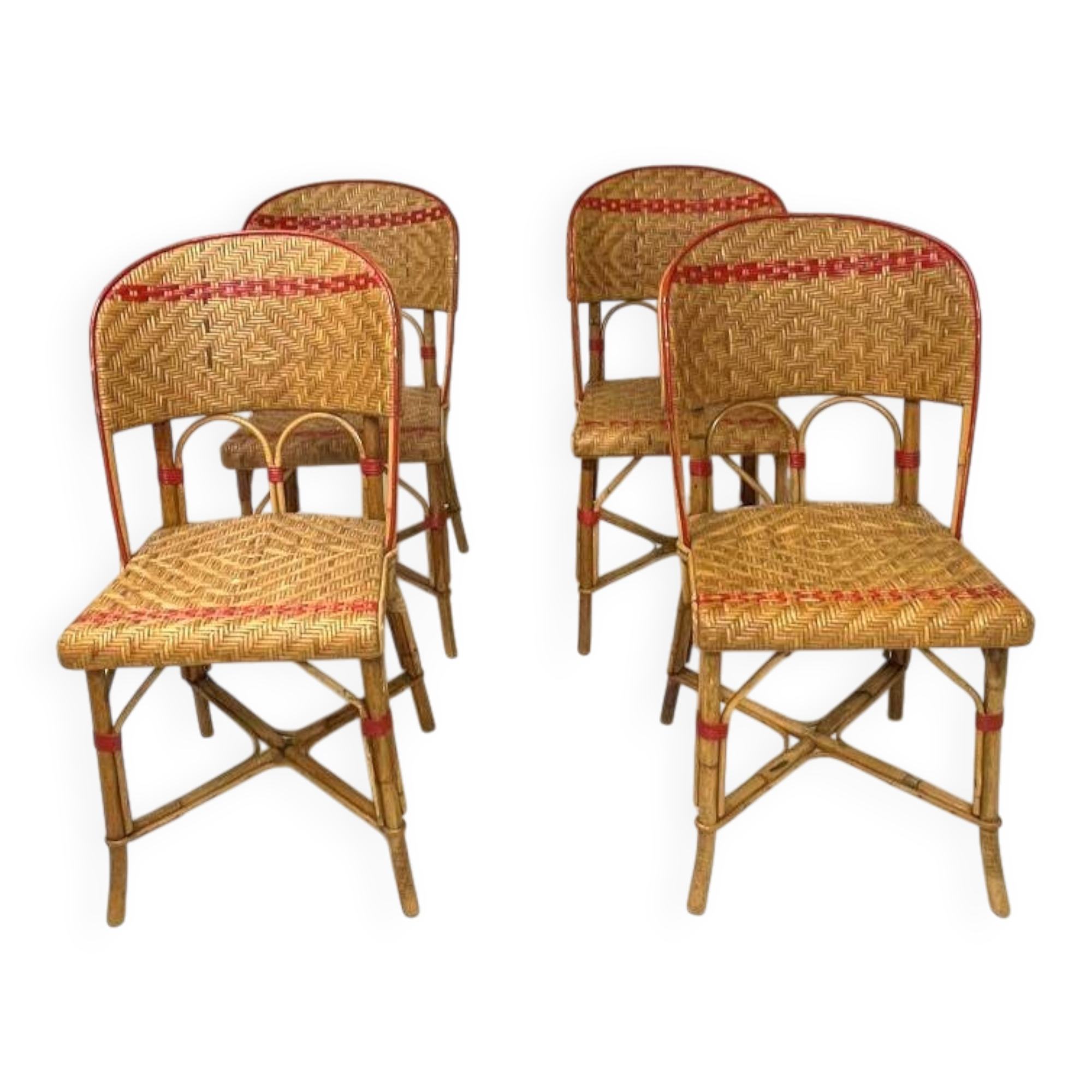 Set of 4 antique chairs in woven red and natural rattan.