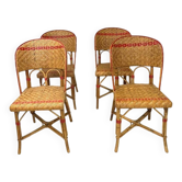 Suite de 4 chaises anciennes en rotin tressé rouge et naturel