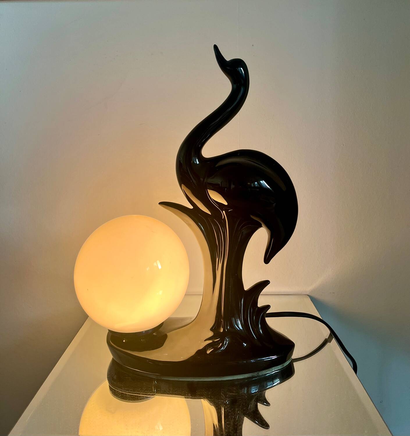 Vintage ceramic lamp with opaline globe