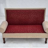 Canapé-lit danois des années 1950, laine d'ameublement rouge/beige, pieds en bois de frêne.