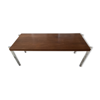 Designer coffee table in chrome metal and teak 1970