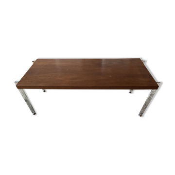 Table basse design en métal chromé et teck 1970